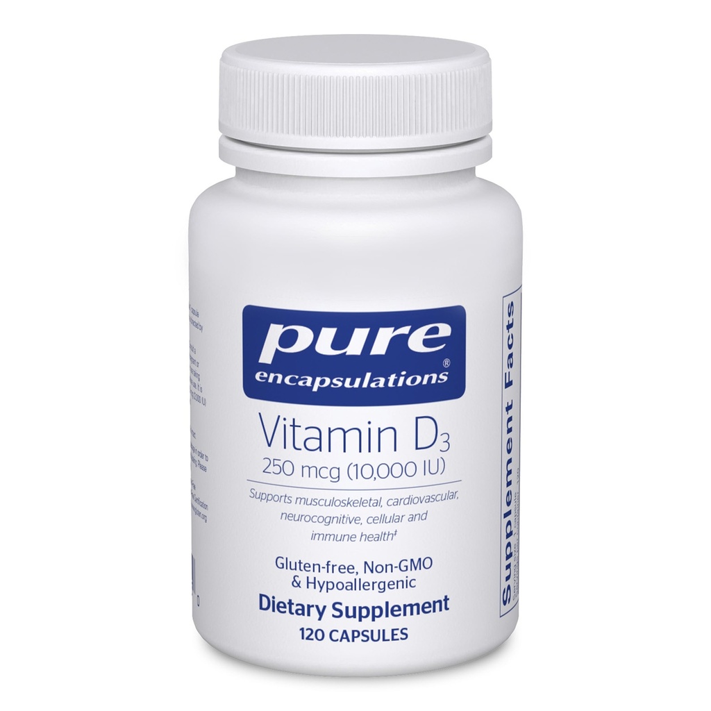 Pure Encapsulations Vitamine D3 250 mcg (10.000 IE) - Supplement ter ondersteuning van bot, gewrichts-, borst-, hart-, colon- en immuungezondheid - met Premium Vitamine D - 120 capsules
