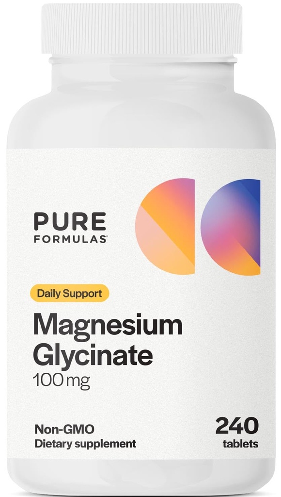 PureFormulas Magnesium Glycinate 100 mg Daily Support for Stress, Nerves, Sleep, Muscles, Metabolism Pure Magnesium Glycinate Supplement for Women and Men Magnesio Non-GMO 240 Tablets