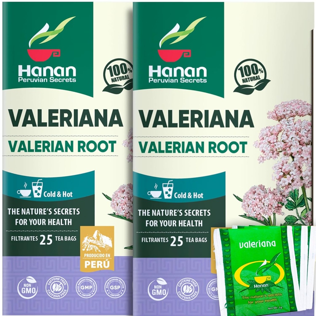 Hanan Valeriaan wortelthee voor bedtijd (50 zakken) - Te de Valeriana, Herbal Calming Night Tea - 100% puur, Cafeïnevrij, Non-GMO, Herb uit Peru - Verpakking van 2 Dozen