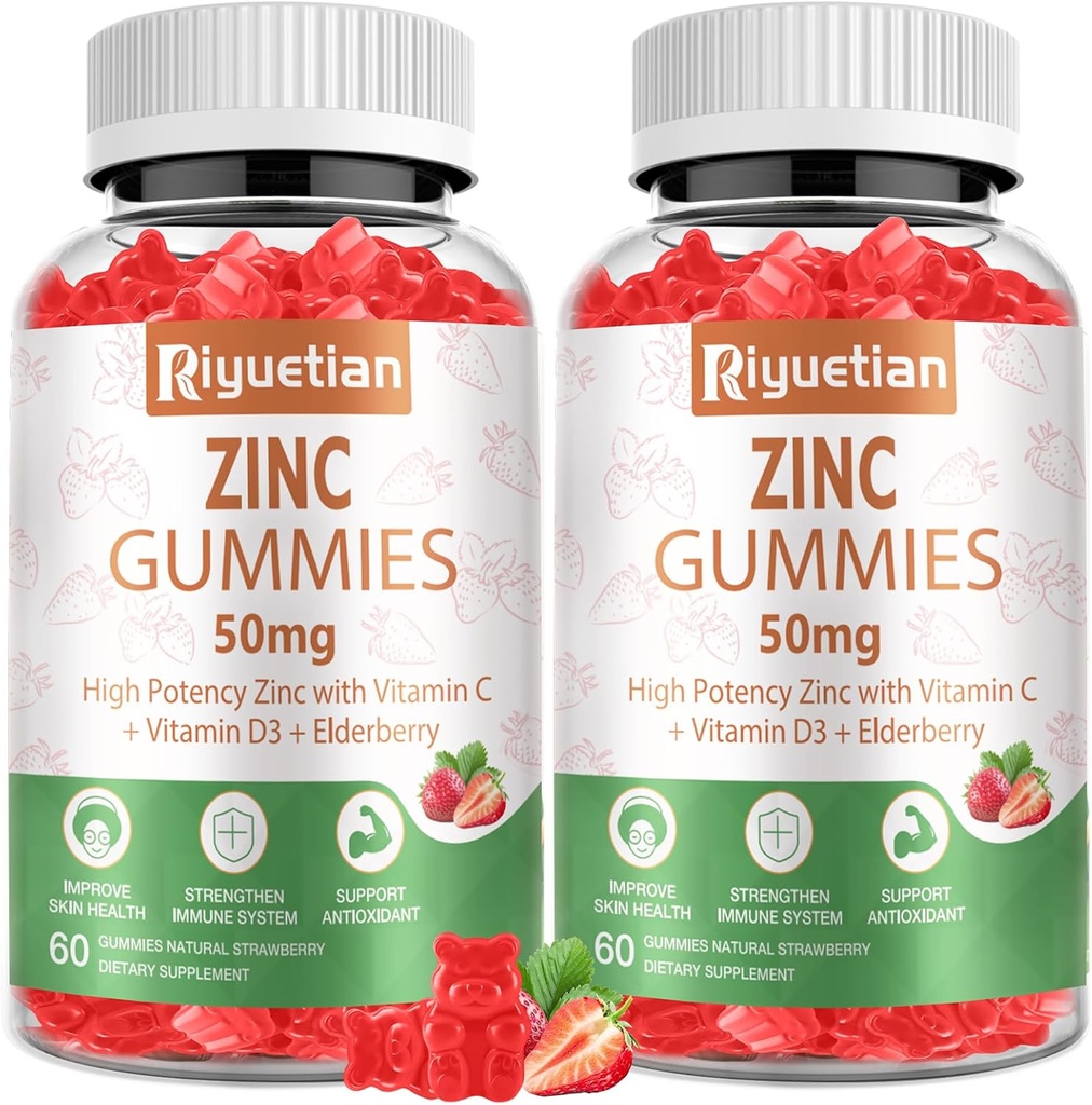Zinc Gummies 50mg - Vitamin C, D3 & Elderberry, Echinacea, Zinc Immune Health Gummies, Non-GMO, Natural Antioxidant Supplements for Men & Women, Vegan 2 Pack