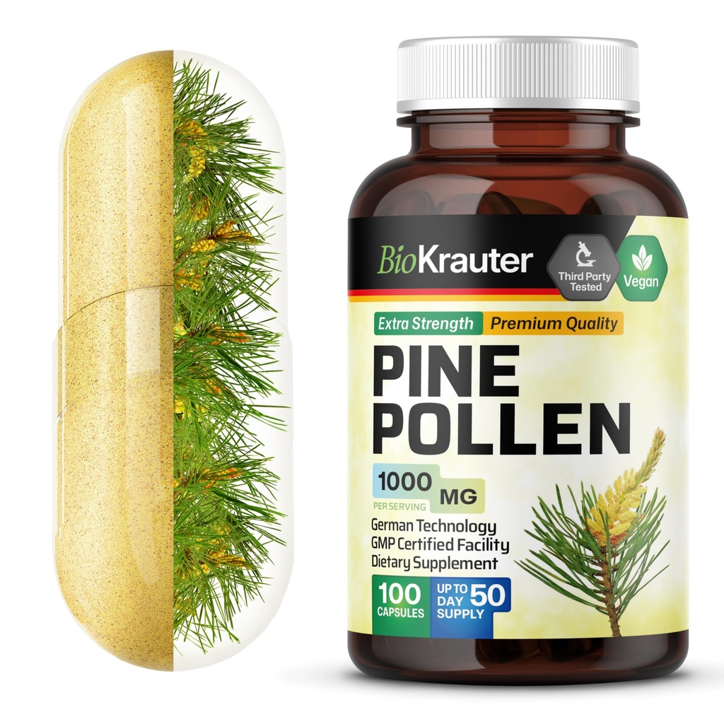 BIO KRAUTER® Pine Pollen for Men's Support - Pure & Vegan Pine Pollen Extract 1000 mg per Serving - Immune Support Supplement & Antioxidants - 100 Capsules, 50-Day Supply, Non-GMO Herbal Supplements