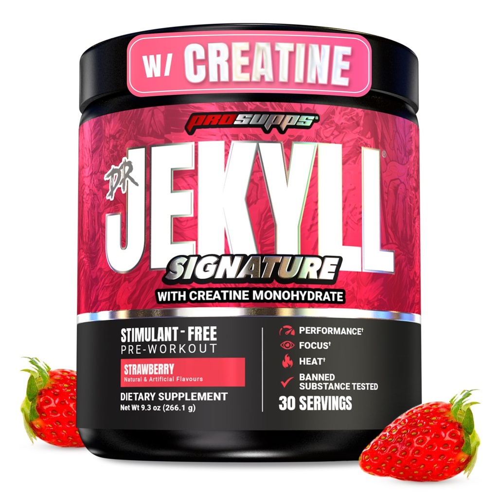 ProSupps Dr. Jekyll Signature Pre Workout Powder with Creatine - Stim-Free Preworkout Supports Focus & Endurance - Cafeine-Free Gym & Fitness Supplementen (Strawberry, 30 Serves)