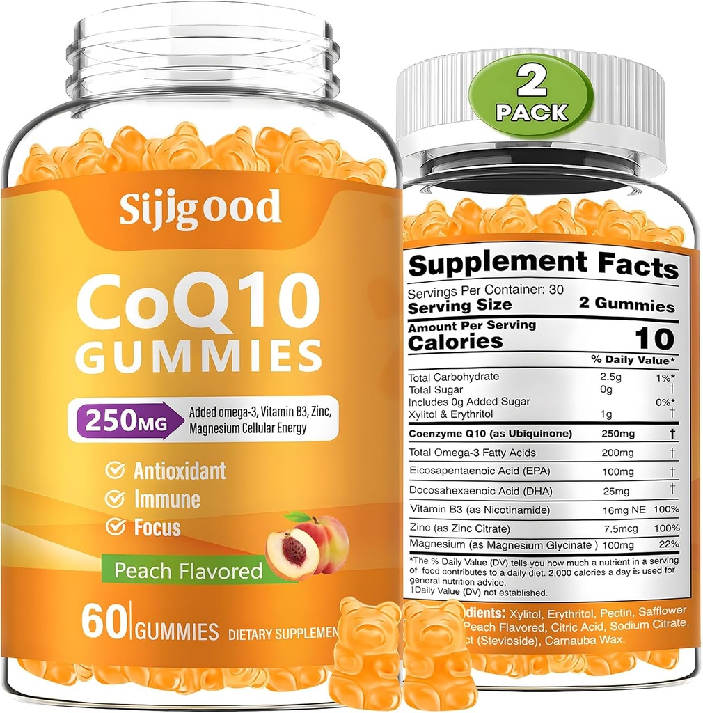 2 Pack CoQ10 Gummies, Plus Omega-3, Vitamine B3 en Zink, Magnesium, 5X Hoge Absorptie Co-enzym Q10 Supplementen, q10 voor Boost Cellular Energy, Potent Antioxidant & Brain, Peach Flavor, 120 Cts