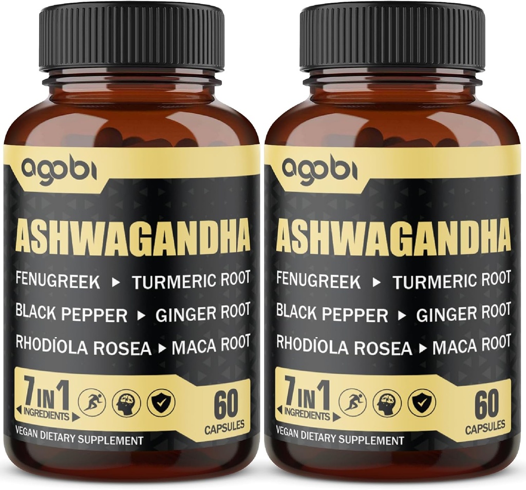 2 verpakkingen 60 capsules - 8050mg Ashwagandha Extract supplement - 7in1 met Fenegriek, Maca, Kurkuma, Rhodiola, Gember & Black Pepper - Spirit, Immune & Energy Support - 4 maanden levering