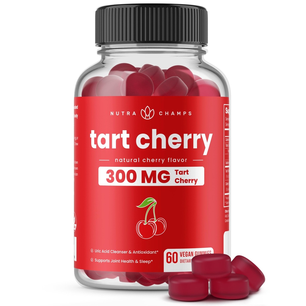 NutraChamps Tart Cherry Gummies - 3000mg Tart Cherry Extract met selderij Zaad - Uric Acid Cleanse Supplement - Antioxidant, Joint Comfort, Flexibiliteit, Immune Health, Slaap - 60 Vegan Gummies