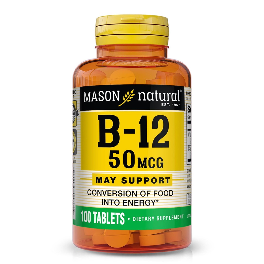 MASON NATUURLIJKE Vitamine B12 50 mcg met Calcium, 100-dagen levering, Dieetsupplement ter ondersteuning van natuurlijke energieniveaus, 100 tabletten (verpakking van 1)