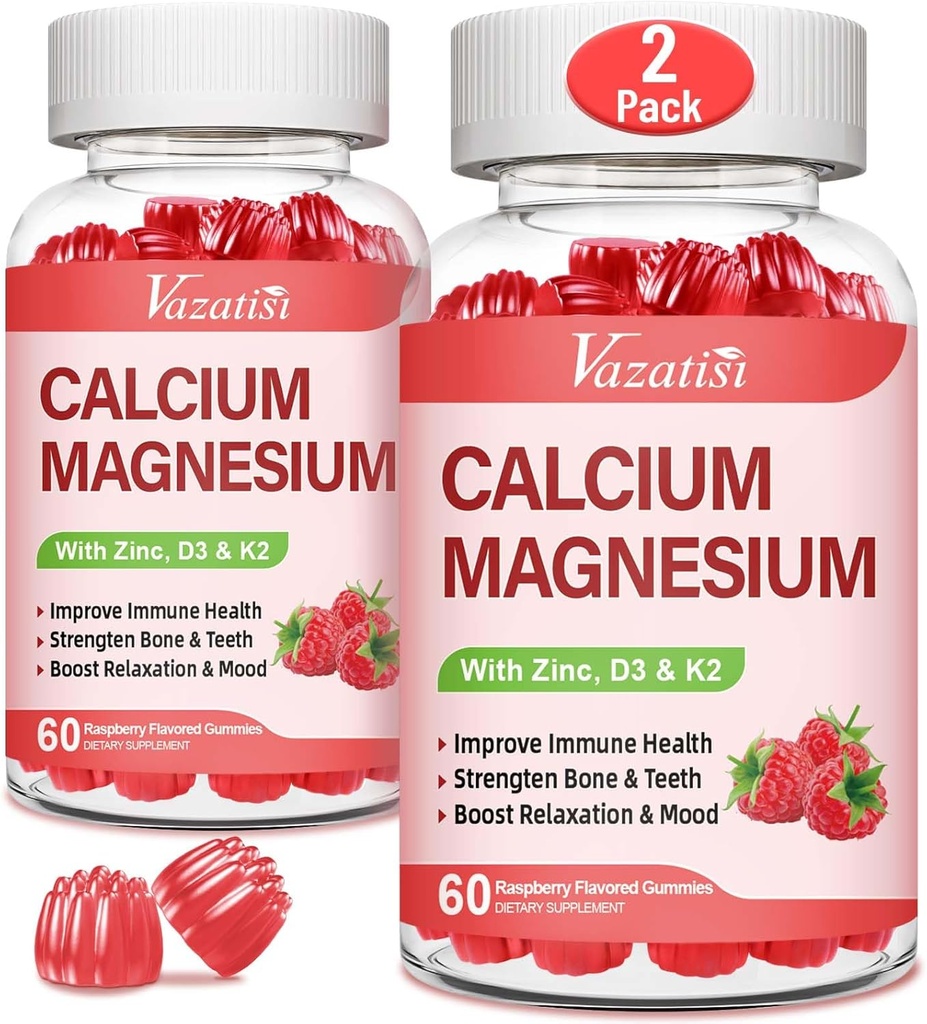 Calcium Magnesium Zink Gummies met Vitamine D3 & K2, Hoge Absorptie Magnesium Glycinate Kalium voor Immune en Kalm Mood, Raspberry Flavor 120 Gummies