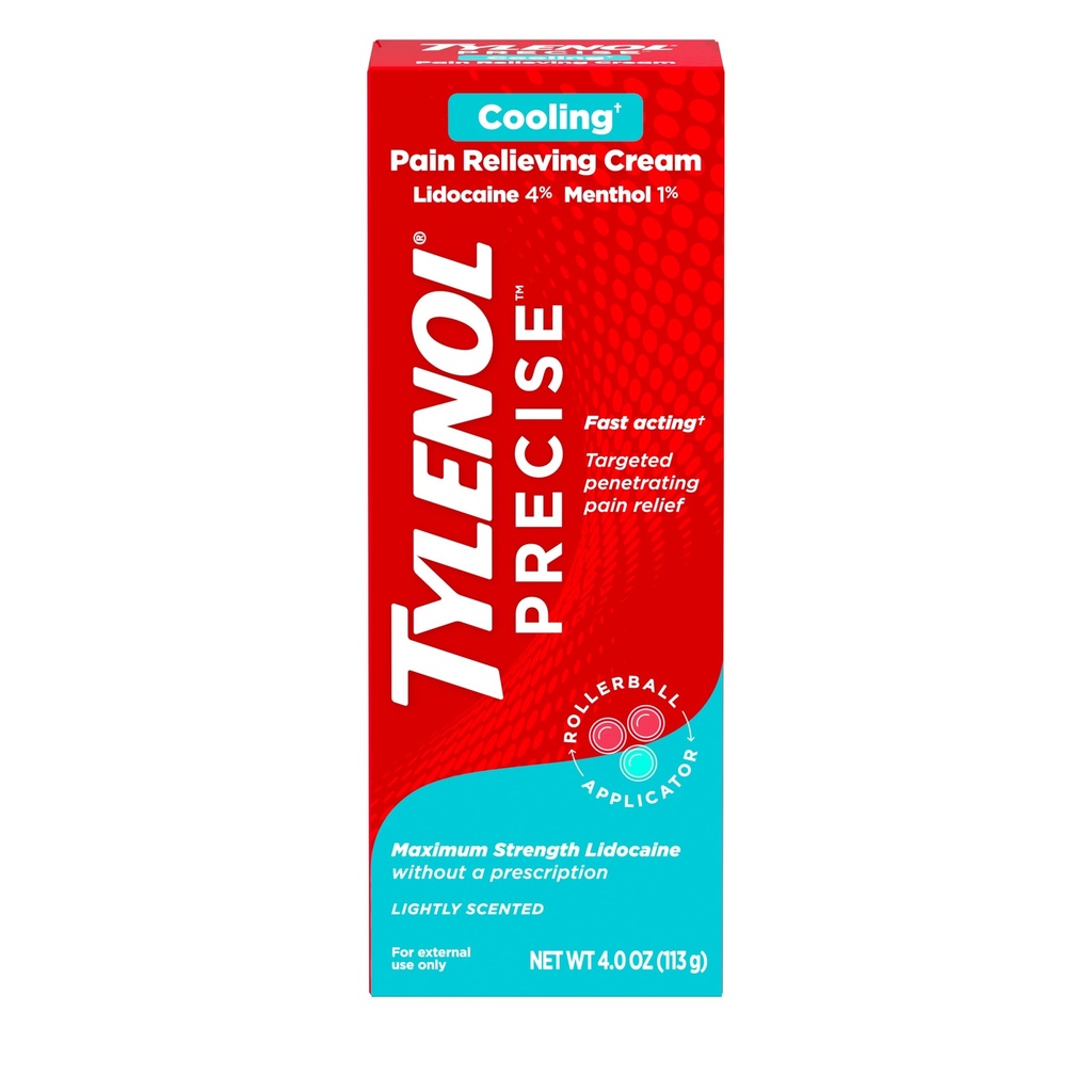 Tylenol Precise Cooling Numbing Cream, maximale sterkte 4% Lidocaïne & 1% Menthol Topical Analgetic, pijnstillende crème voor rug, spier & gewricht, rolbal applicator, snelwerkende, lichte geur, 4 oz