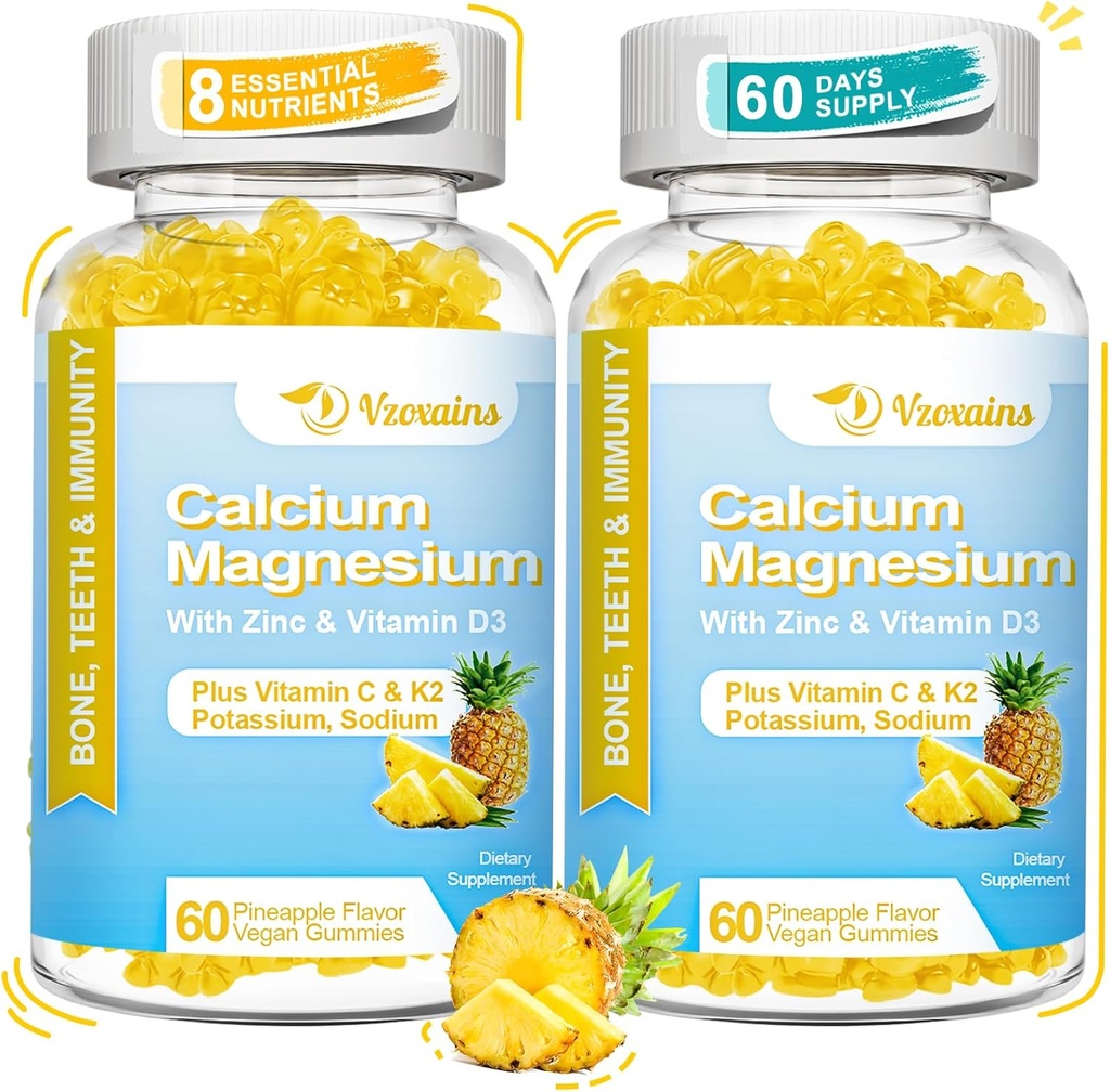 Hoge Absorptie Calcium Gummies, Suikervrij Calcium Magnesium Gummies met Vitamine D3 voor mannen en vrouwen, Ananas smaak 120 Cts