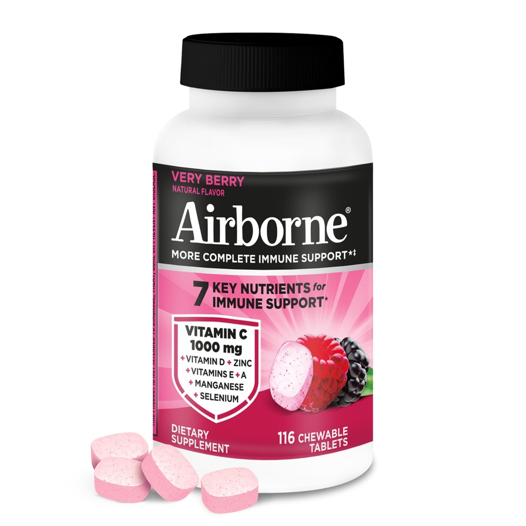 Airborne Vitamine C 1000mg (per portie) - Zeer Berry Kauwtabletten (116 Tel in een fles), Glutenvrije Immune Ondersteuning Supplement, met Vitaminen A C E, Zink, Selenium, Gember, Antioxidanten