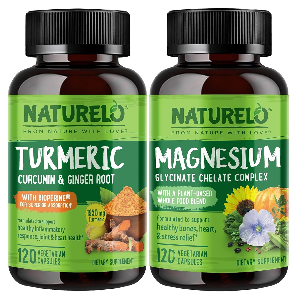 NATURELO Tumeric Curcumine, Plant Based Joint Support, Magnesium Glycinate, 200 mg Magnesium - Glutenvrij, Niet GGO - 120 Capsules