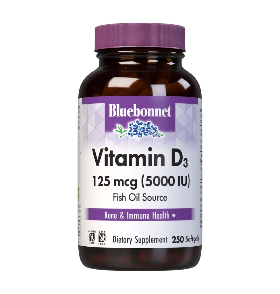 Bluebonnet Nutrition Vitamin D3 5000 IE Softgels, Aids in Muscle and Skeletal Growth, Cholecalciferol from Fish Oil, Non GMO, Glutenvrij, Sojavrij, Zuivelvrij, Geel, 250 Softgels