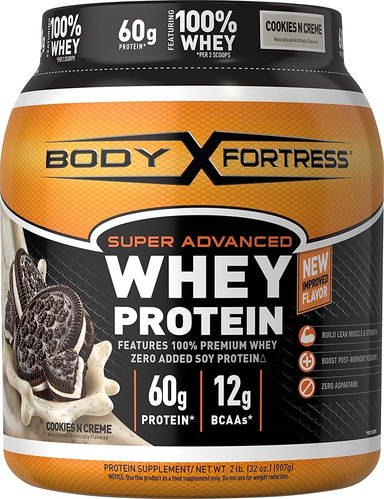 Body Fortress Whey Protein Powder, Cookies N' Creme, Aspartame Free, 60 G eiwit per portie, 2 Lbs