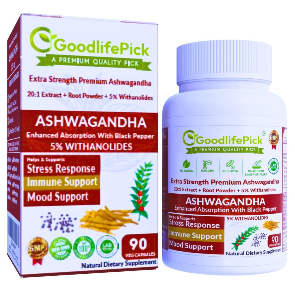 Premium Ashwagandha Capsules met zwarte peper. Krachtige 5% Wthanoliden uit Ashwagandha Poeder & 20:1 Extract 90 ct. Natural NonGMO NO Rice Powder NO Filler
