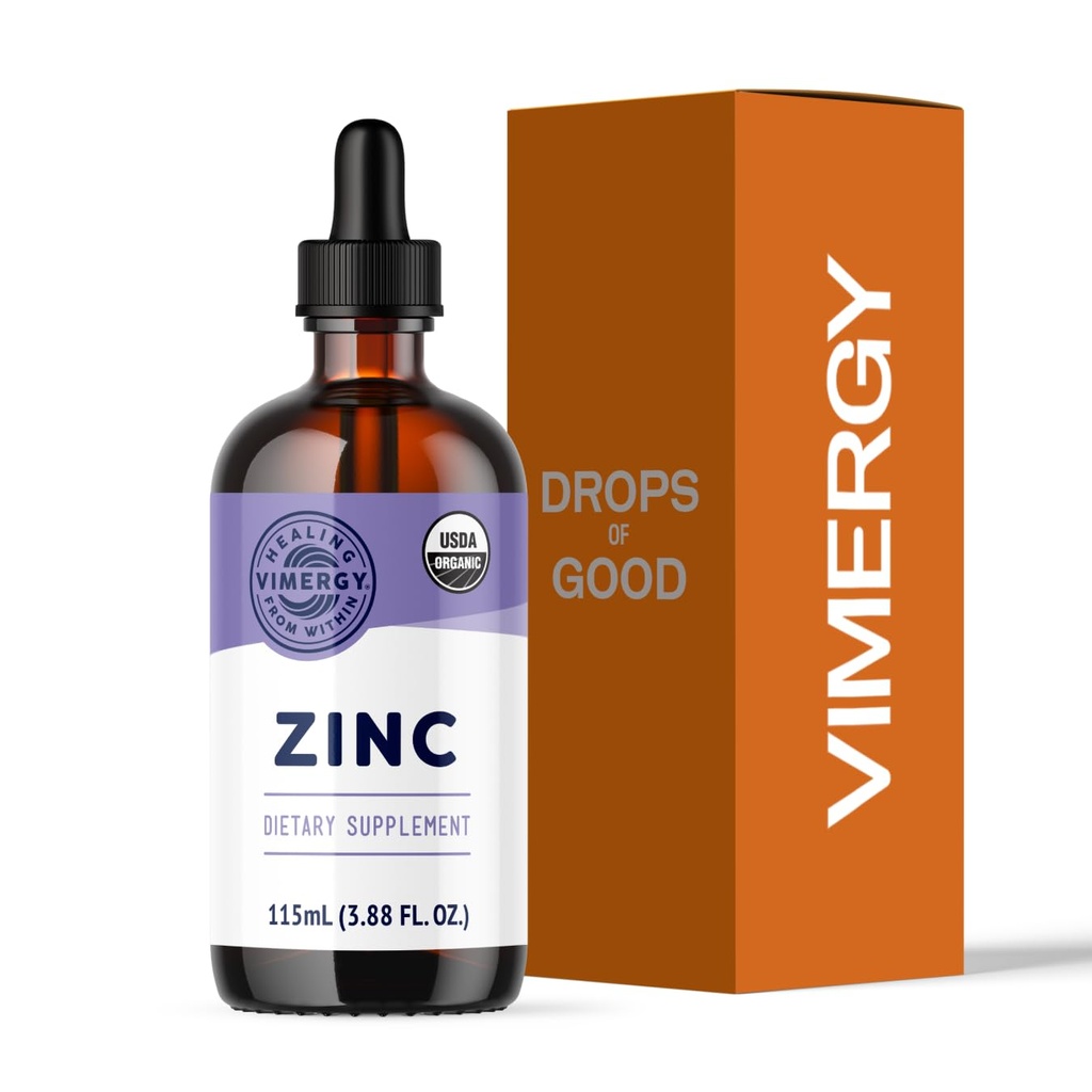 VIMERGY USDA Organische Zinksupplementen voor vrouwen en mannen (7,5 mg Liquid Zink per portie) Fast-Absorbing Immune Support, Promoot gezonde Bones & Skin, Vegan, Tot 57 porties (115 ml)