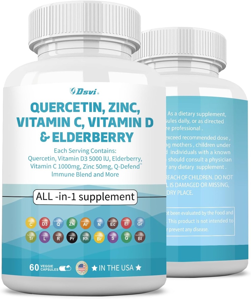 Quercetin 1000mg Zink 50mg Vitamine C 1000mg Vitamine D 5000IE Immuunsysteem Ondersteuning Supplement met Echinacea Gember Bromelain Zee Mos Knoflook Netel Vegan Capsules voor mannen en vrouwen,60 Tel. USA