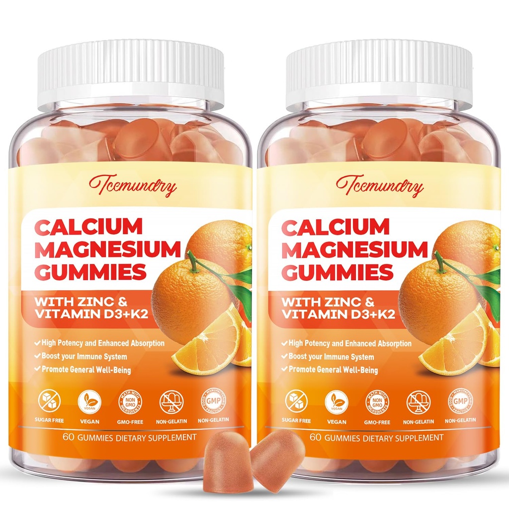 Calcium Magnesium Zink Gummies met Vitamine D3 & K2 - Hoge Absorptie Magnesium Glycinate 400mg - Suikervrij Calcium Supplement - Ondersteuning Zenuw Spier Mood & Immunity - voor Volwassenen Mannen Vrouwen Kinderen