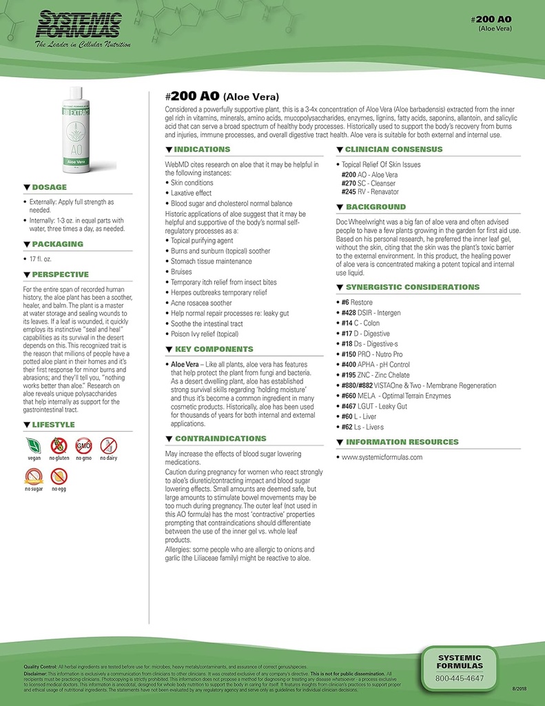 Systemische Formules Aloë Vera #200-16 oz Premium Grade voor spijsverteringsgezondheid en Wellness - Pure Aloë Vera Extract