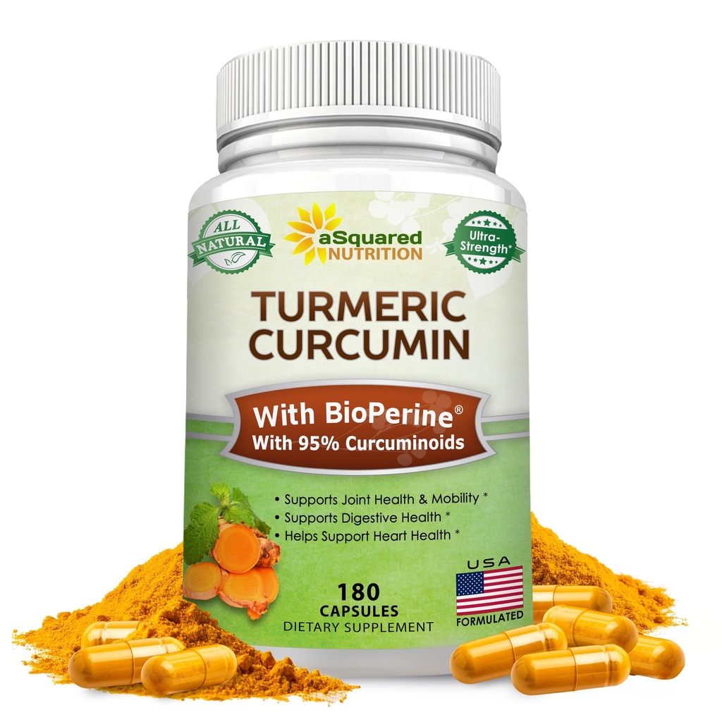 aSquared Nutrition Kurkuma Curcumine 1300mg met BioPerine Black Pepper Extract - 180 Capsules - met 95% Curcuminoïden, 100% Natural Tumeric Root Powder Supplements, Pure & Joint Stiffness Pillen