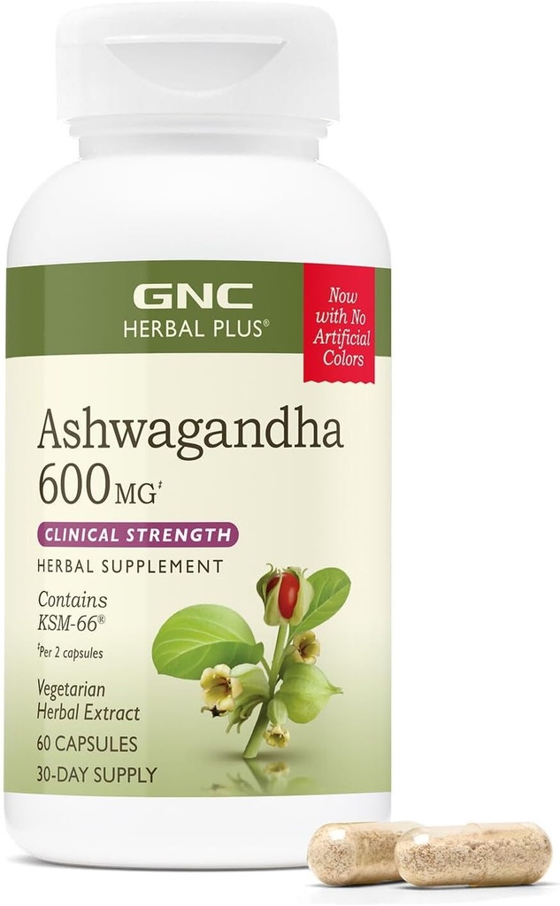 GNC Herbal Plus Ashwagandha 600mg supplement, klinische kracht, vegetarisch, stress relief support, 30 porties