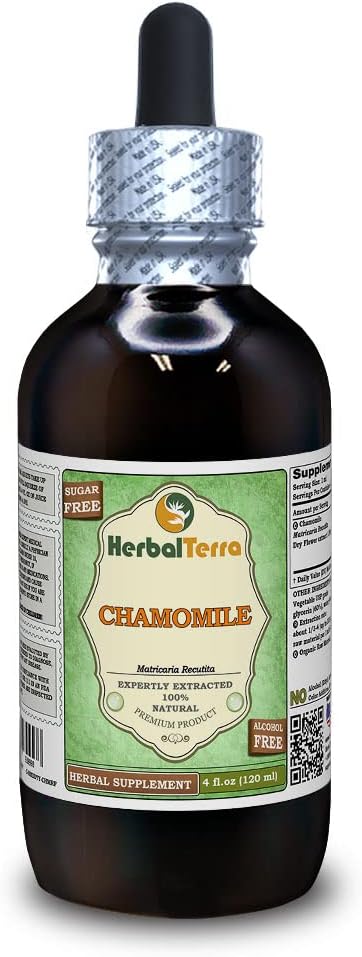 Kamille (Matricaria Recutita) Glyceriet, Biologische Gedroogde Bloemen Alcoholvrije Liquid Extract (Grote Naam: HerbalTerra, Trots Made in USA) 4 fl.oz (120 ml)