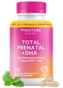 Roze Ooievaars Totaal Prenatale Vitaminen met DHA, Folaat, IJzer, Choline, en Vitamine B12 - Preconceptie Voeding - Prenatalen voor vrouwen, Zwangerschap Essentials - Mint Essentie, 60 Capsules, 1 Maand Levering