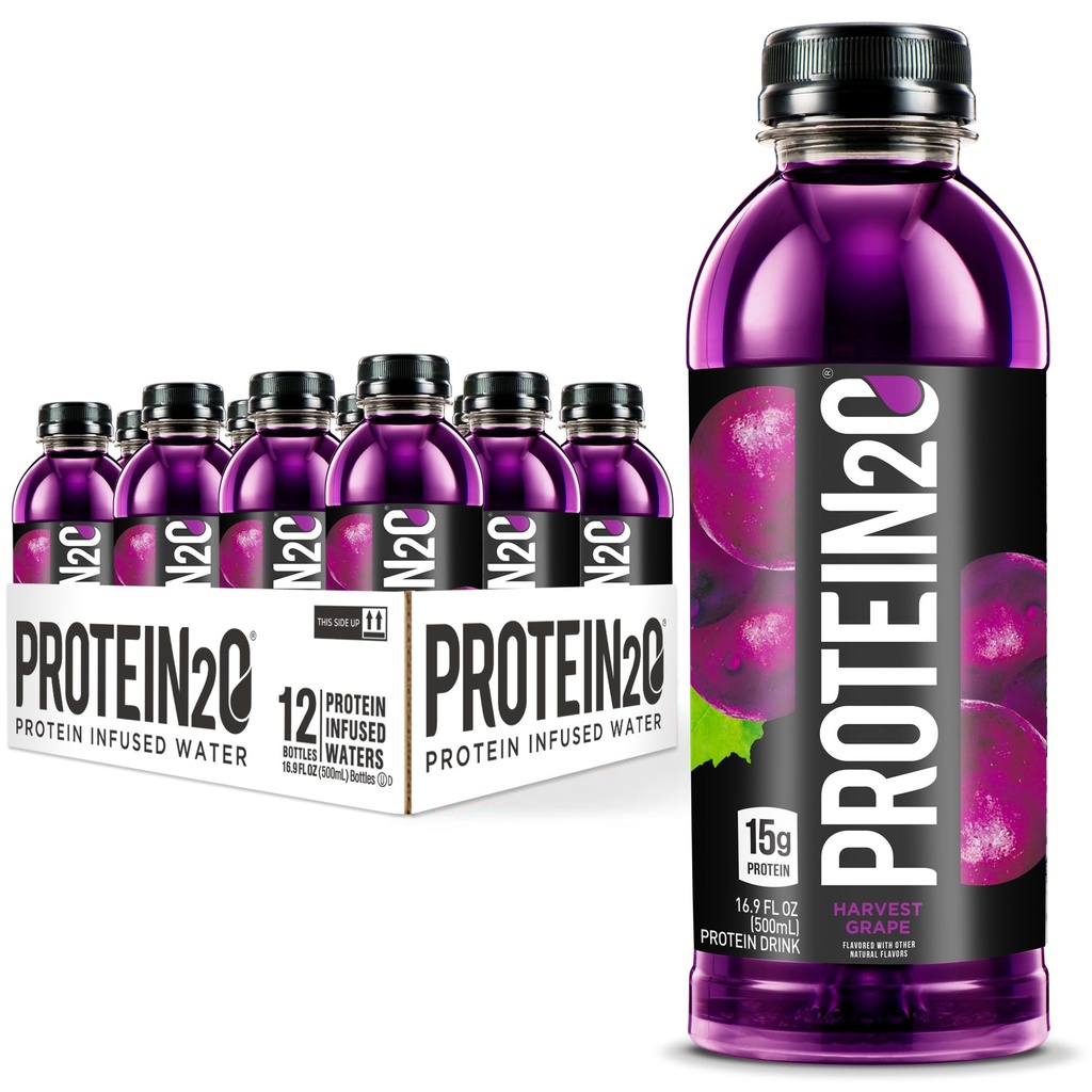 Proteïne2o 15g Wei Proteïne Isolaat Geïnfundeerd Water, klaar om te drinken, Suikervrij, Glutenvrij, Lactosevrij, Oogstdruivensap, 16,9 oz Fles (verpakking van 12)