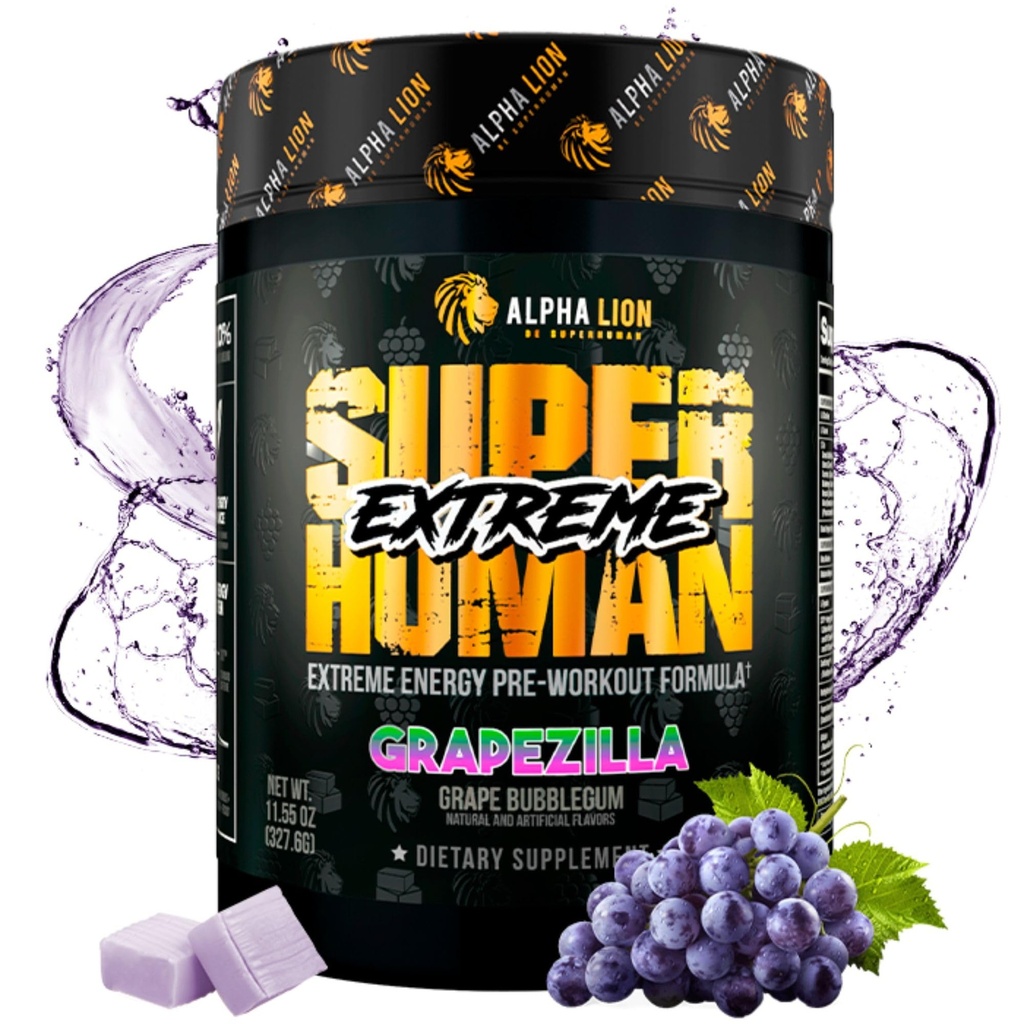 ALPHA LION Superhuman Extreme High Stim Pre Workout Powder, Beta Alanine, L-Taurine & 356mg Tri-Source Cafeïne voor duurzame energie, Nitric Oxidine & Citrulline voor pomp (21 Servers, druivensmaak)