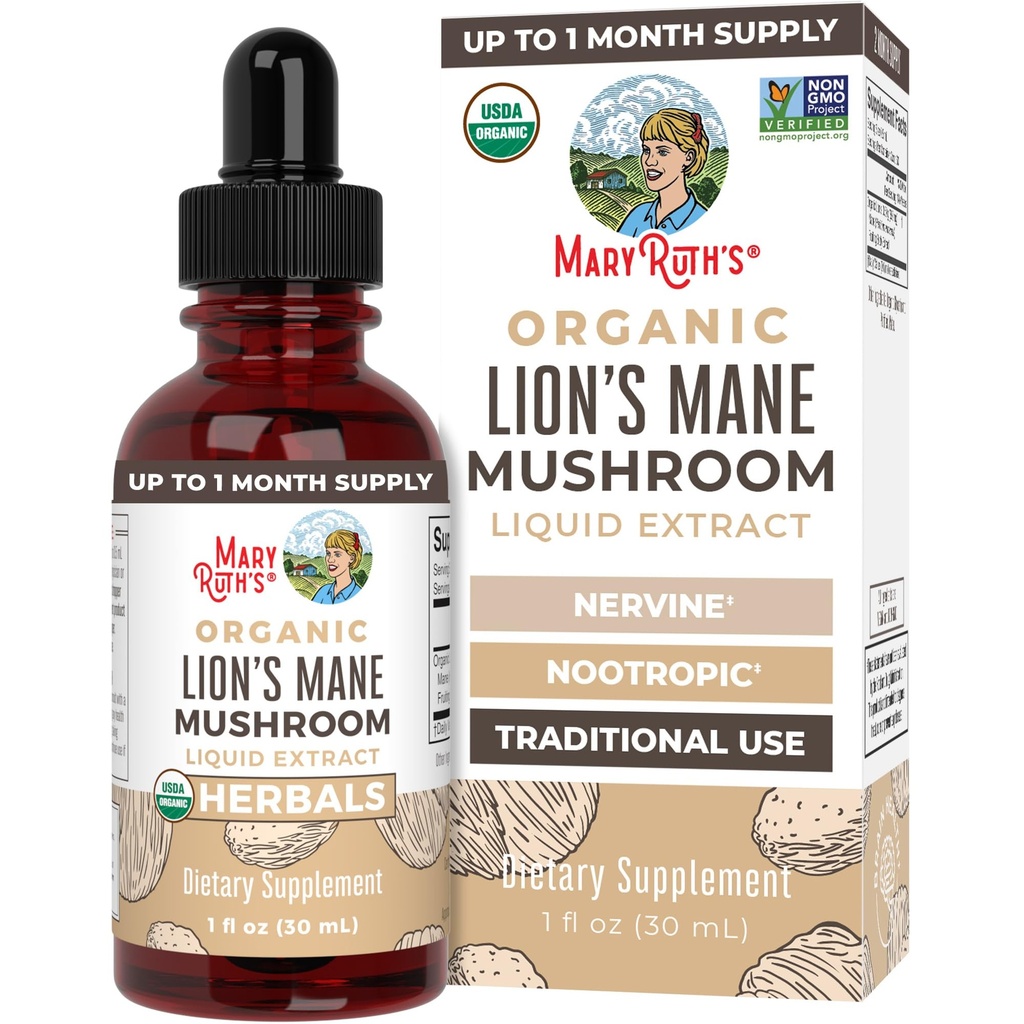 MaryRuth Organics Lions Mane Mushroom Supplement, Up to 1 Month Supply, Nootropic USDA Biologische Lions Mane Extract Nervine Plantaardige Liquid Drops, Brain Health Non-GMO Vegan Alcohol Free Tinctuur, 1 Fl Oz