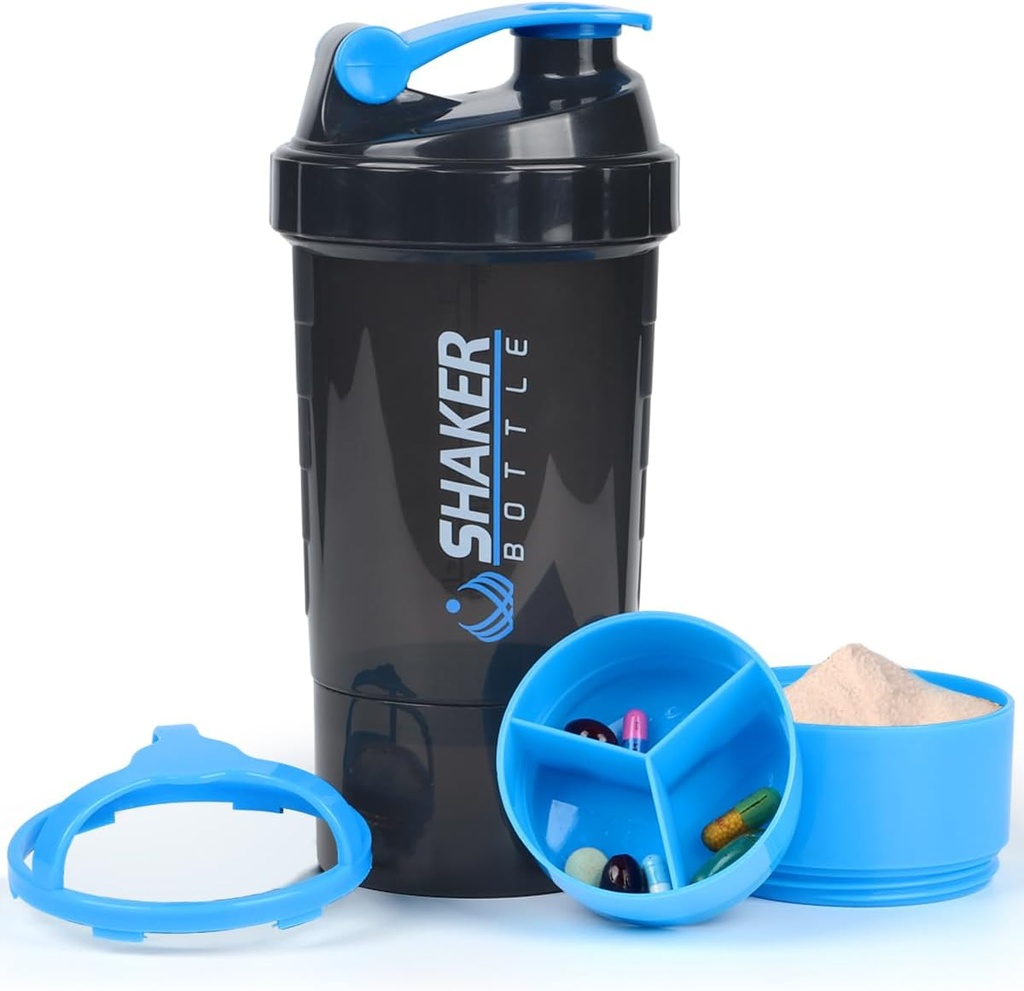 Proteïne Shaker Bottle - Sports Water Bottle - Non Slip 3 Layer Twist Off 3oz Cups met Pillenbak - Leak Proof Shake Bottle Mixer- Proteïne Poeder 22 oz Shake Cup met opslag