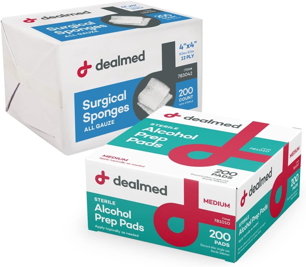 Dealmed Alcohol Prep Pads en Gauze Sponge Bundle 200 Tel Medium Size Alcohol Pads Plus 4" x 4" Chirurgische Sponge Gauze Pads 200 Tellen