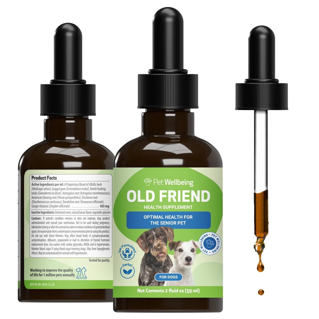 Huisdier Welzijn Oude Vriend voor Senior Honden - Ondersteunt Immuun Systeem Gezondheid, Gezamenlijke Mobiliteit, Gezonde Energie Niveaus, Alfalfa, Reishi - Veterinair-Geformuleerd Kruidensupplement 2 oz (59 ml)