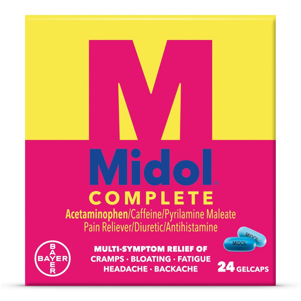 Midol Complete Gelcaps 24ct: Midol Complete Menstrual Pain Relief Gelcaps with Acetaminophen for Menstrual Symptom, PMS Relief, and period Cramp Relief - 24 Count (Verpakking mei Vary)