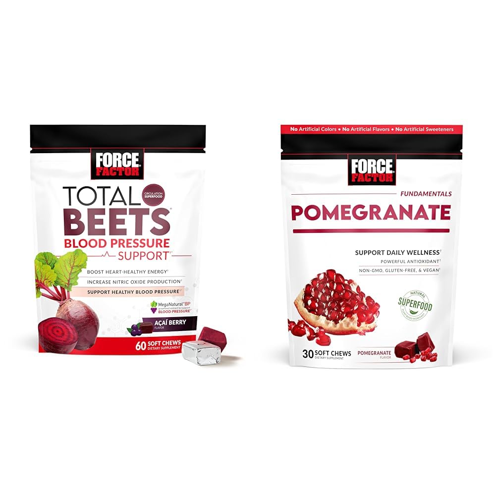 Force Factor Total Beets Blood Pressure Support Supplements with Beet Powder & Pomegranate Soft Chews for Healthy Aging, Heart Health, Bone Health, & Brain Health