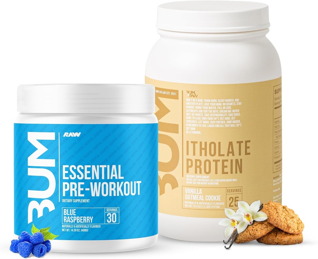 RAW Whey Isolaat Proteïne Poeder en essentiële pre-workout Poederbundel (Vanilla havermout Cookie & Blue Raspberry) - Chris Bumstead Sportvoeding Supplement voor mannen en vrouwen