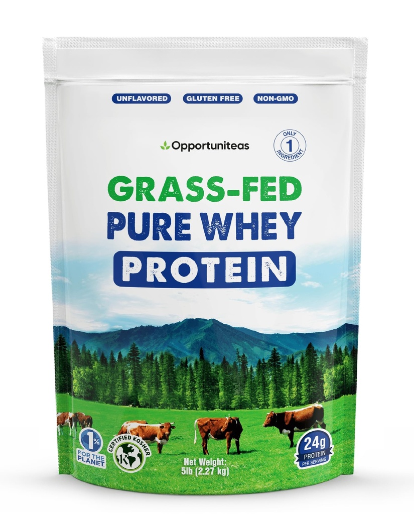 Opportuniteas Grass Fed Wei Proteïne Poeder Concentraat - 1 Ingrediënt - Pure Proteïne Supplement voor Drink, Smoothie, Schudden, Koken & Bakken - Niet GGO, Hormone Vrij & Glutenvrij - 5 Ponden