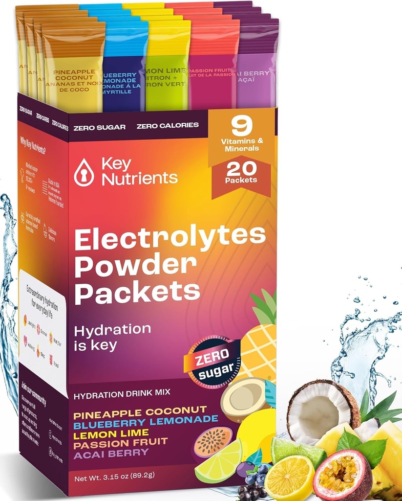 KEY NUTRIËNTEN Electrolytes Powder Packets No Sugar - 5 Delicious Smaken in Hydration Packets 20 Pack - Geen Calorieën, Glutenvrije Elektrolyten Powder Packets, Niet GGO, Made in USA