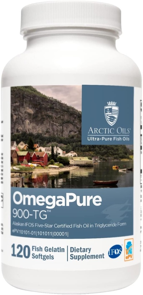 XYMOGEN OmegaPure 900-TG - International Fish Oil Standards (IFOS) Five-Star Certified Fish Oil - DHA EPA Omega-3 Supplement in triglyceride formulier voor cardiovasculaire + cognitieve ondersteuning (120 Softgels)