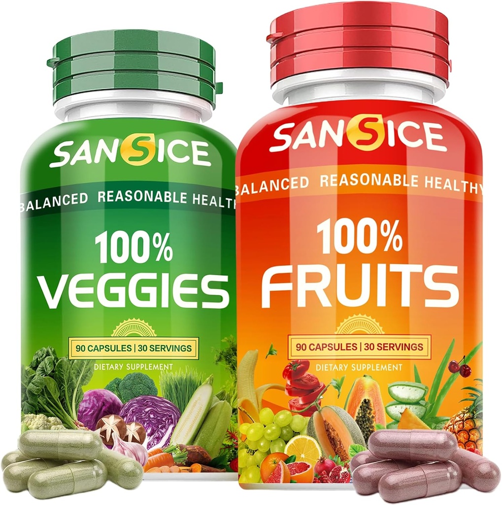 Fruit en groenten supplement, natuurlijk fruit en plantaardige vitaminen Sojavrije & niet-GMO plantaardige en fruitsupplementen voor vrouwen Mannen en kinderen - 90 Fruit Capsules, 90 Veggie Capsules