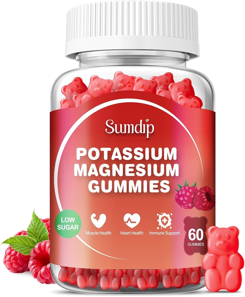 Kalium Magnesium Gummies Kaliumsupplementen Hoge Absorptie Kalium Citroen Magnesium Citrate, Ondersteuning Been Krampen Spierontspanning voor mannen en vrouwen 60 Gummies, Raspberry