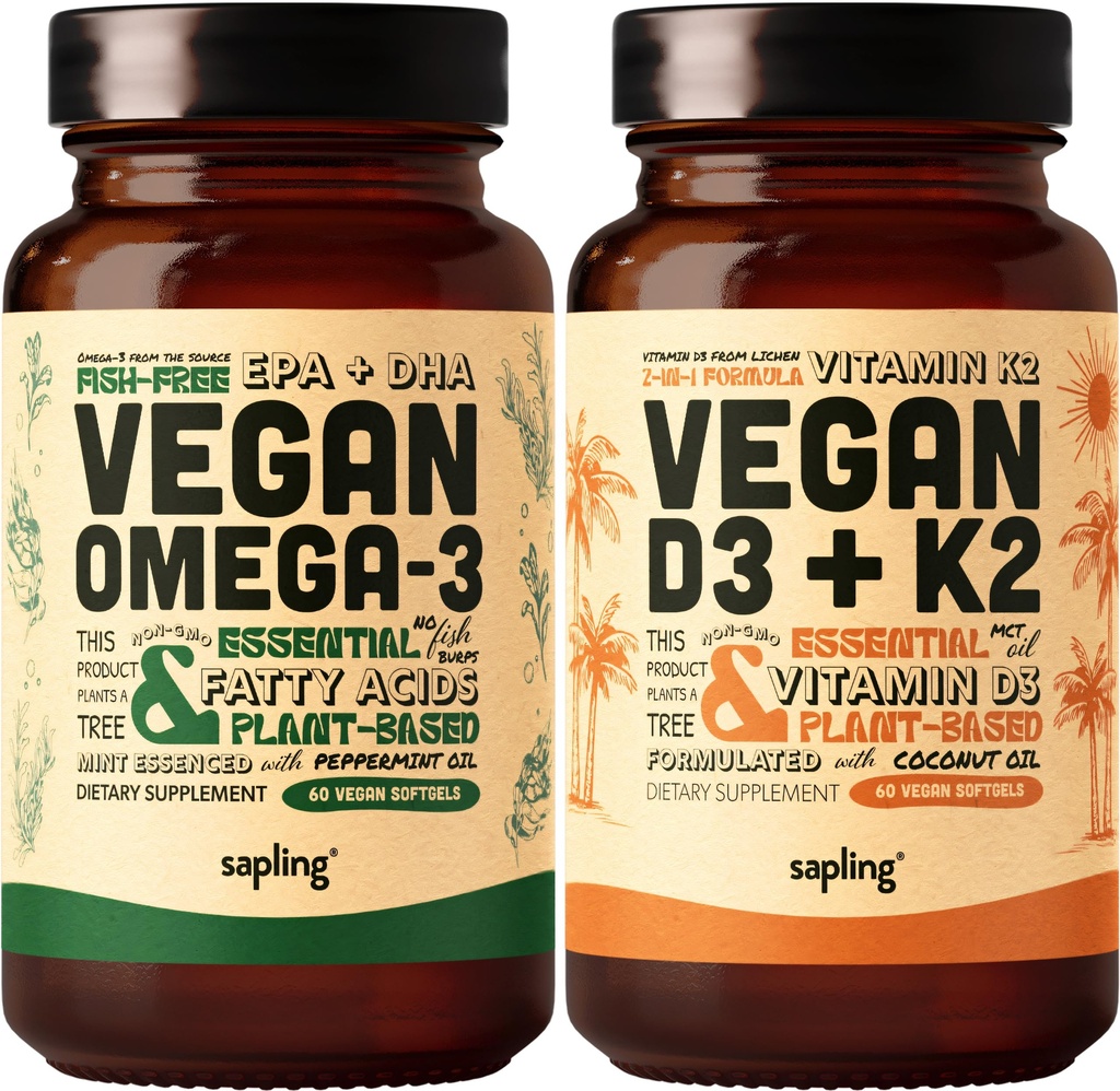 Vegan Omega 3 & Vegan vitamine D3 + K2 supplement bundel - plantaardige DHA & EPA vetzuren, 4000 IE vitamine D3 en 100 mcg vitamine K2 als Mk7