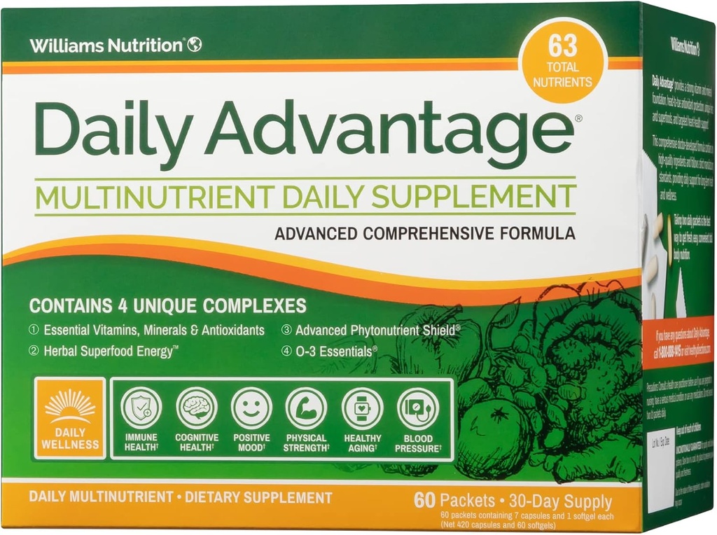 Dr. David Williams' Daily Advantage Multi-Nutrient Vitamine Supplement voor Immune, Cardio en Cognitive Gezondheid, en Total Body Wellness, 60 Packets