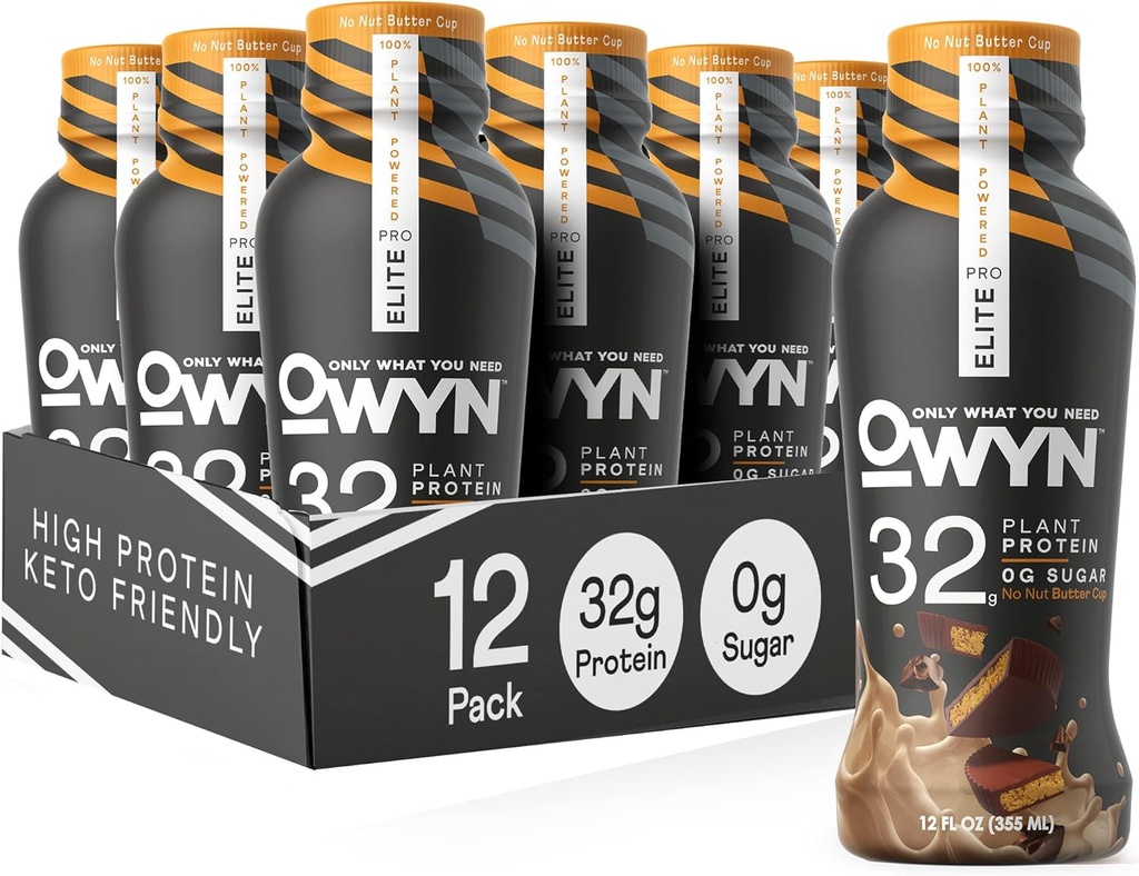 OWYN Only What You Need Pro Elite Vegan High Protein Keto Shake, 32g Protein, 12 Fl Oz (Pack of 12) en Pro Elite Vegan Plant-Based High Protein Keto Shake, No Nut Butter Cup, 32g Proteïne (Packaging May Vary)