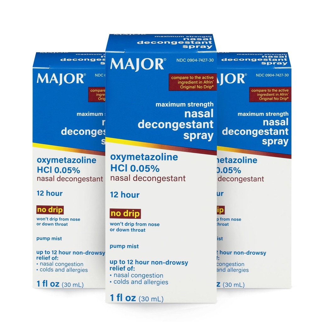 MAJOR maximale sterkte Nasal Decongestant Spray, Oxymetazoline HCl 0,05% Pump Mist, Non-Drowsy Nasal Spray, tot 12-Hour Relief van Nasal Congestie, Verkoudheid en Allergieën 1 Fl. Oz. (3-Pack)