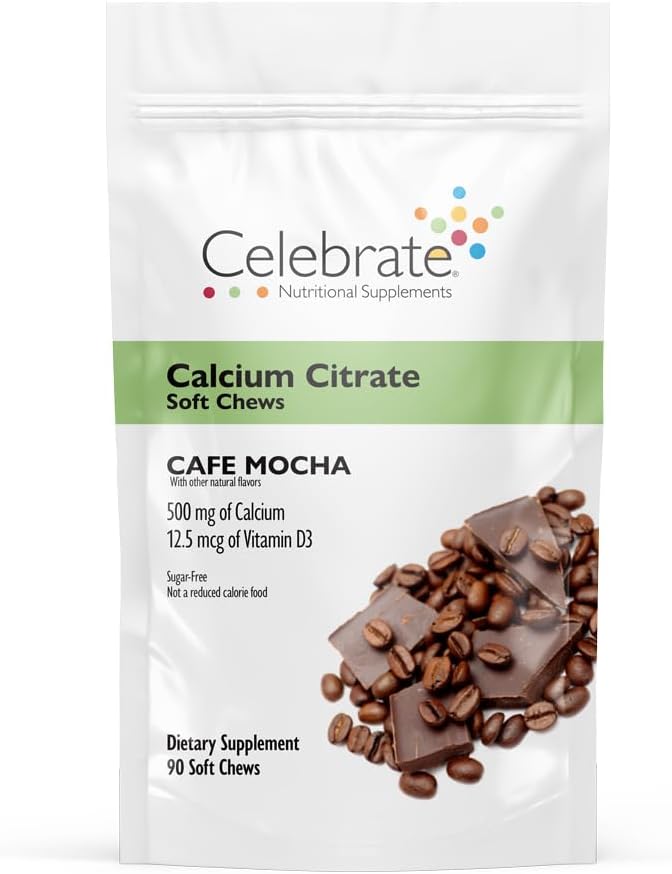 Vier vitamines Bariatrische Calcium Citroen Zachte Kauwen met Vitamine D3, 500 mg, Suikervrije & Glutenvrije Calcium Citroen voor Bariatrische Patiënten, Cafe Mocha, 90 telling