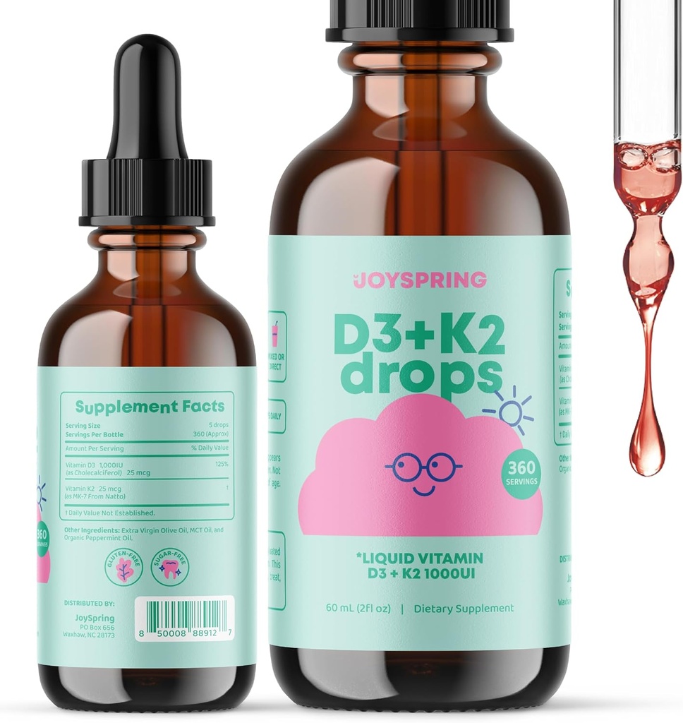 JoySpring vitamine D druppels voor peuters om groei, bot, en Immune Health te ondersteunen, Kids Zink Supplementen - Vlierbes met zink vloeibare en dagelijkse complexe B vitamines met vitamine B2, B6, B12 en B5