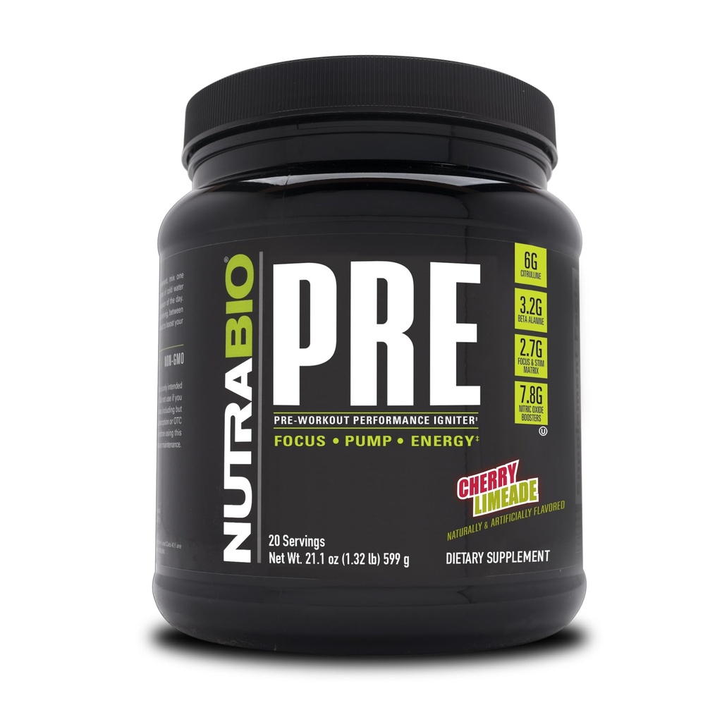 NutraBio PRE Workout Powder - Oude Formule- Aanhoudende Energie, Geestelijke Focus, Endurance - Beta Alanine, Creatine, Cafeïne, Elektrolyten - 20 Servers - Cherry Limeade