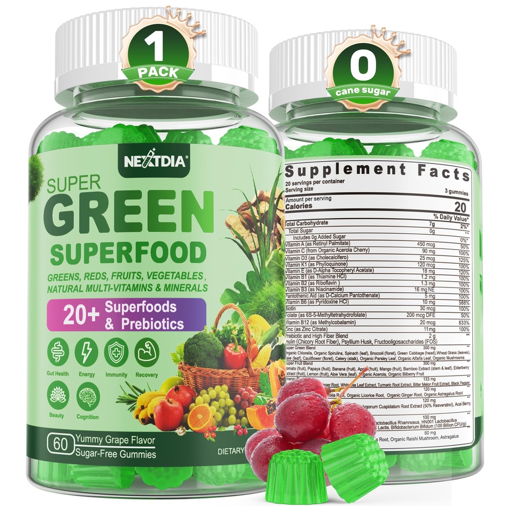 Super Greens Gummies, Greens Superfood Powder Alternative w/Spirulina, Chlorella, Prebiotic Fiber, Probiotic, Fruit Veggie, Daily Greens Plantaardige voor spijsvertering & Gut Health, Immuniteit, Focus, 60 Ct