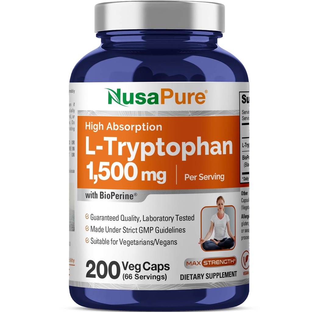 NusaPure L-Tryptofaan 1500mg 200 Vegetarische caps (Non-GMO, Veganistisch) Bioperine