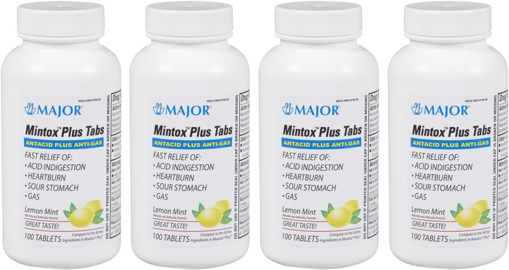 MAJOR Mintox Plus Tabs - Antacidum Plus Anti-Gas Tablets - Helpt snel te verlichten zuur Indigestie, brandend maagzuur, Zure maag en gas - citroenmunt smaak - 100 Tel (4 Pack)